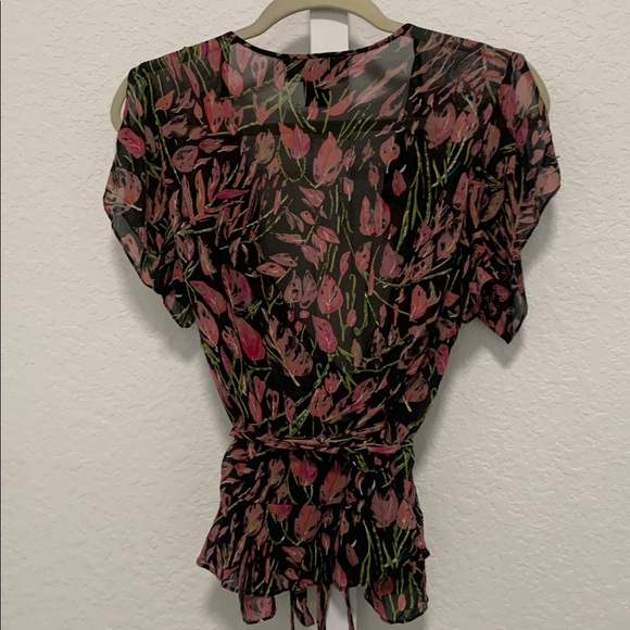 Vintage Nicole Miller Black Floral Short Sleeve Wrap Blouse - Picture 5 of 7